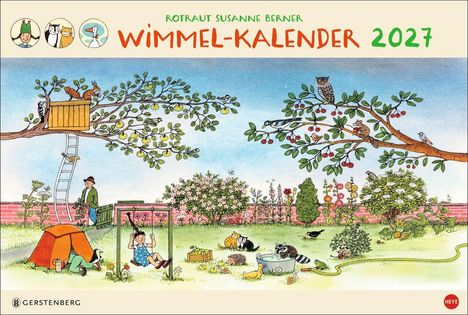 "Rotraut Susanne Berner Wimmel-Kalender 2027". Illustration eines Gartens mit spielenden Tieren und Kindern.