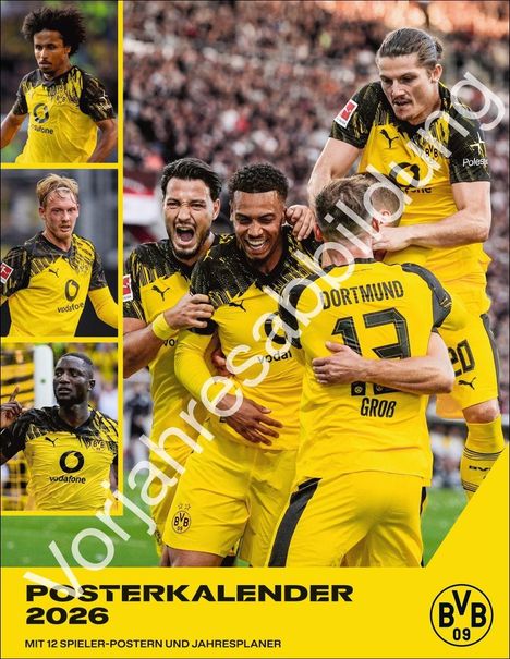 "Posterkalender 2026" mit Fotos von fröhlichen Dortmund-Spielern in gelbem Trikot; BVB 09 Logo links unten.
