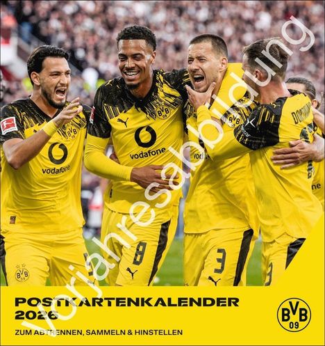 "Postkartenkalender 2026. Zum Abtrennen, Sammeln & Hinstellen." Vier Fußballspieler jubeln. BVB 09 Logo.