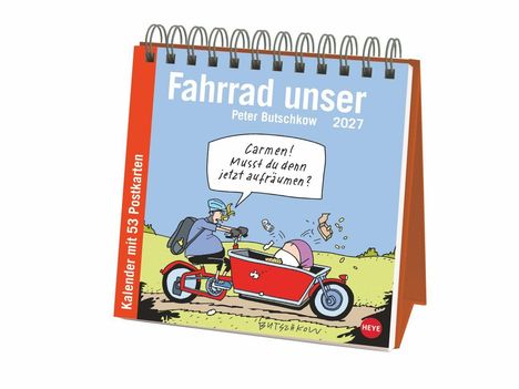 „Fahrrad unser 2027“, „Carmen! Musst du denn jetzt aufräumen?“ Illustration: Frau im Beiwagen wirft Papier raus.