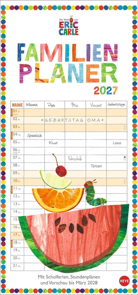 FAMILIEN PLANER 2027. Enthält Termine wie "GEBURTSTAG OMA". Bunte, verspielte Gestaltung mit Obst und Raupenfigur.