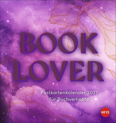 Die Texte sind "BOOK LOVER" und "Postkartenkalender 2027 für Buchverliebte". Lila Hintergrund mit feinen Linienzeichnungen.