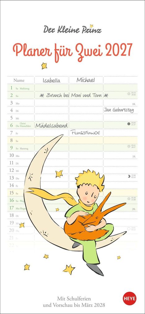 "Planer für Zwei 2027. Termine aufgelistet, inklusive 'Brunch bei Moni und Tom'. Illustration: Der Kleine Prinz auf einem Mond."