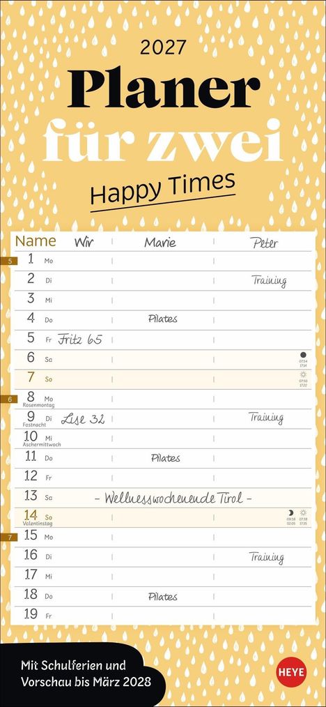 "2027 Planer für zwei. Happy Times. Mit Schulferien und Vorschau bis März 2028." Kalenderlayout auf gelbem Hintergrund.