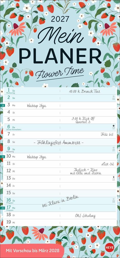 2027 Mein Planer, Flower Time, mit Vorschau bis März 2028. Kalender mit Blumen- und Erdbeermuster.