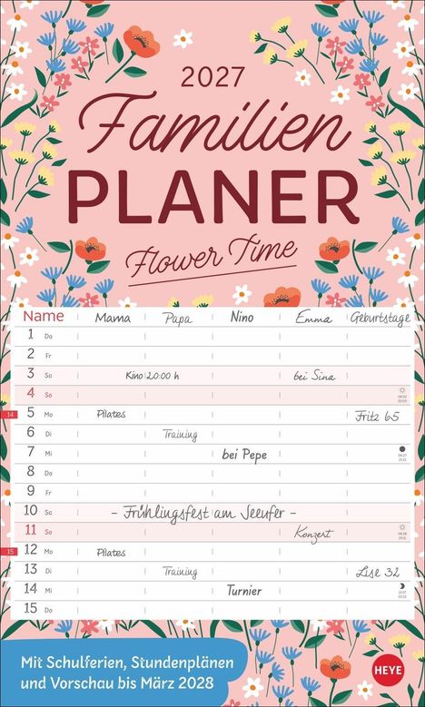 „2027 Familien Planer – Flower Time“, mit Blumenmotiv, enthält Monatsübersicht und Termine. Schulferien und Vorschau bis März 2028.