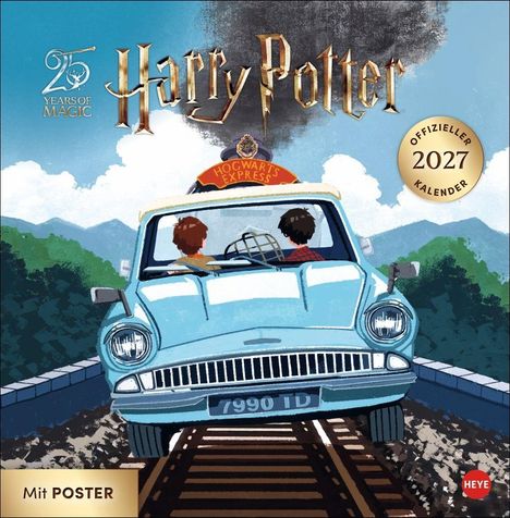 Text: "25 Years of Magic", "Harry Potter", "Offizieller Kalender 2027", "Mit Poster". Zwei Personen im fliegenden Auto auf Gleisen.