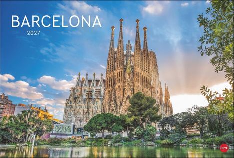 Text oben links "BARCELONA 2027". Dominiert von der Sagrada Familia, umgeben von Bäumen vor einem blauen Himmel.