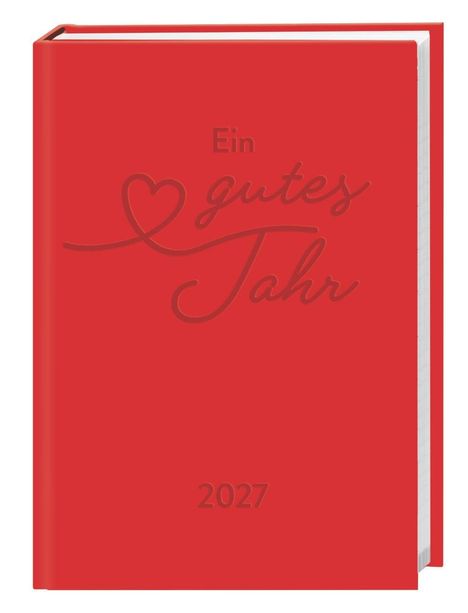 Text: „Ein gutes Jahr 2027“. Ein rotes Buchcover mit Herzmotiv.