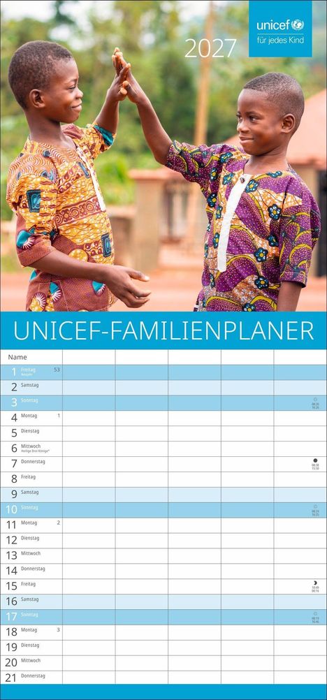 2027, UNICEF-FAMILIENPLANER, zwei Kinder schlagen High-Five, tragen bunte Kleidung, fröhliche Stimmung.