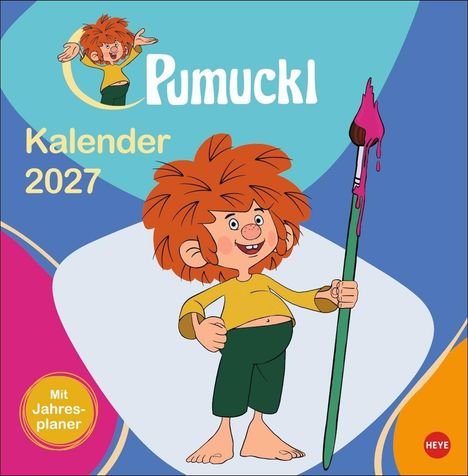 Texte: "Pumuckl", "Kalender 2027", "Mit Jahresplaner". Illustration von Pumuckl mit Pinsel und rotem Haar.