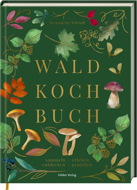 Titel: "Wald Koch Buch", Untertitel: "sammeln - erleben entdecken - genießen". Illustration von Blättern und Pilzen.