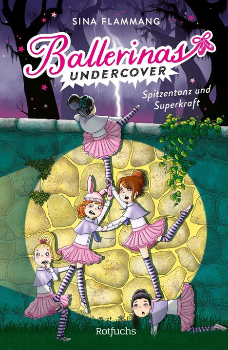 Titel: "Ballerinas Undercover", "Spitzentanz und Superkraft". Illustration von Ballerinas auf einer Steinmauer, nachts.