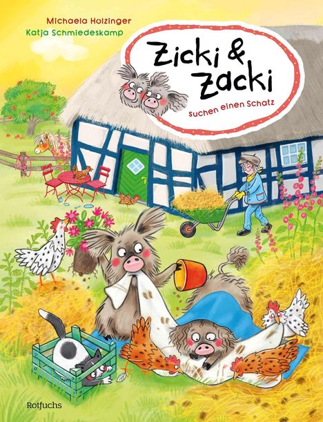Text: "Michaela Holzinger, Katja Schmiedeskamp, Zicki & Zacki suchen einen Schatz." Illustration: Tiere auf einem Bauernhof.