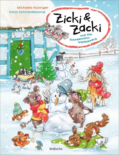 "Zicki & Zacki und der Schneemann-Wettbewerb". Winterliche Illustration mit Tieren, die Schneemänner bauen.