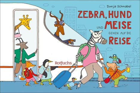 „Zebra, Hund, Meise und gehen auf die Reise.“ Eine Illustration zeigt Tiere mit Koffern und Rucksäcken an einem Bahnhof.