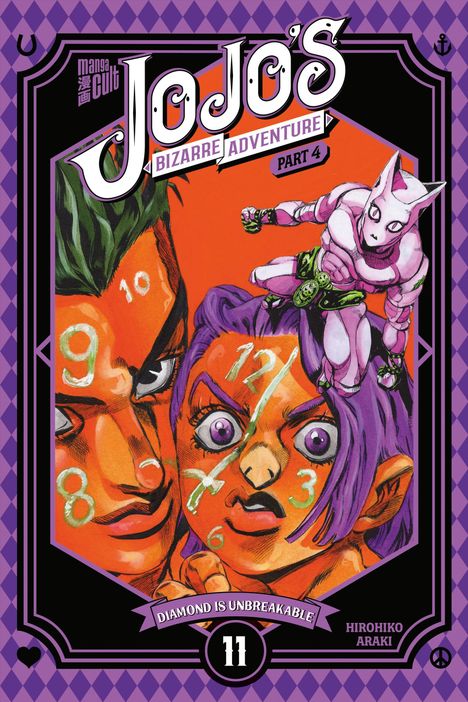 "JoJo's Bizarre Adventure Part 4" oben, "Diamond is Unbreakable" unten. Zwei Gesichter mit Zahldetails und eine Figur in Rüstung.