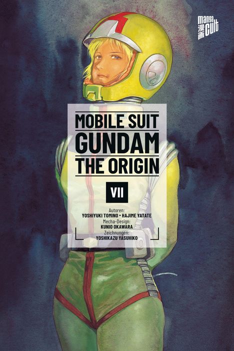 Text oben: Mobile Suit Gundam The Origin VII. Illustration: Person in Raumanzug mit gelbem Helm und ernstem Ausdruck.