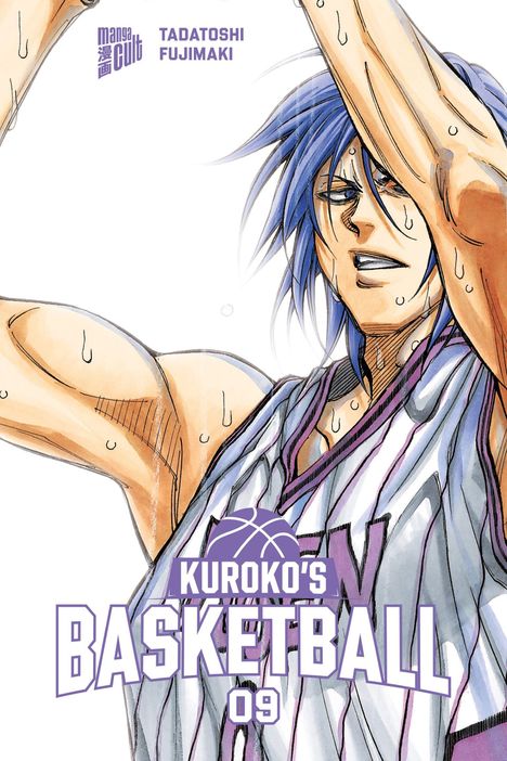 „KUROKO'S BASKETBALL 09“ und „TADATOSHI FUJIMAKI“. Ein schweißüberströmter Spieler in Basketballtrikot, dynamische Pose.
