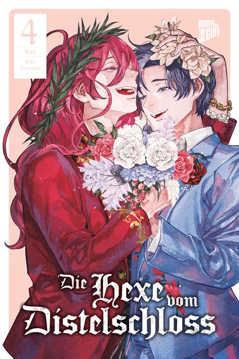 „Die Hexe vom Distelschloss“. Zwei lächelnde Personen in festlicher Kleidung mit Blumenkränzen und Sträußen.