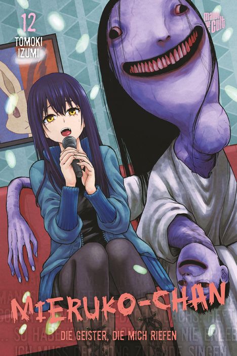 „12 TOMOKI IZUMI“, „MANGA CULT“, „MIERUKO-CHAN DIE GEISTER, DIE MICH RIEFEN“. Illustration: Mädchen mit Mikrofon und Geisterwesen.