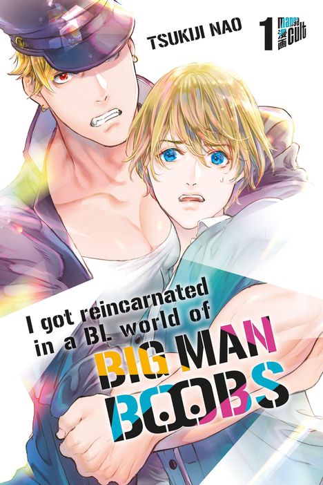 Titel: "I got reincarnated in a BL world of BIG MAN BOOBS". Illustration von zwei jungen Männern, nah beieinander.