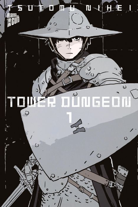 "TSUTOMU NIHEI", "TOWER DUNGEON 1". Illustration eines Ritters in Rüstung mit Schwert und Helm im Schwarz-Weiß-Stil.