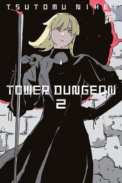 „Tower Dungeon 2“ steht in großen Buchstaben. Eine Person mit blonden Haaren und schwarzem Umhang hält einen Stock.