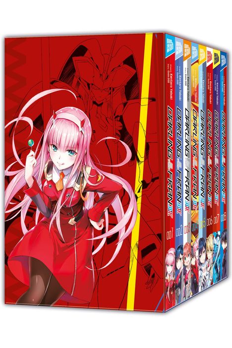 Text: "DARLING in the FRANXX." Eine Manga-Sammlung mit bunter Illustration eines Mädchens mit rosa Haaren.