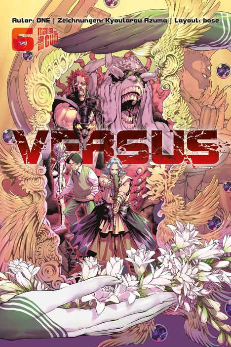 Text: "VERSUS", "Autor: ONE | Zeichnungen: Kyoutarou Azuma | Layout: bose". Illustration mit kämpfenden Figuren und Blumen.