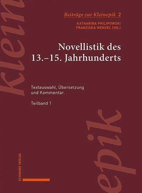 Titel: "Novellistik des 13.-15. Jahrhunderts". Dunkelrote Buchgestaltung mit vertikalen Elementen.