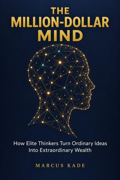 "The Million-Dollar Mind", "How Elite Thinkers Turn Ordinary Ideas Into Extraordinary Wealth", "Marcus Kade". Profilumriss aus Punkten und Linien.