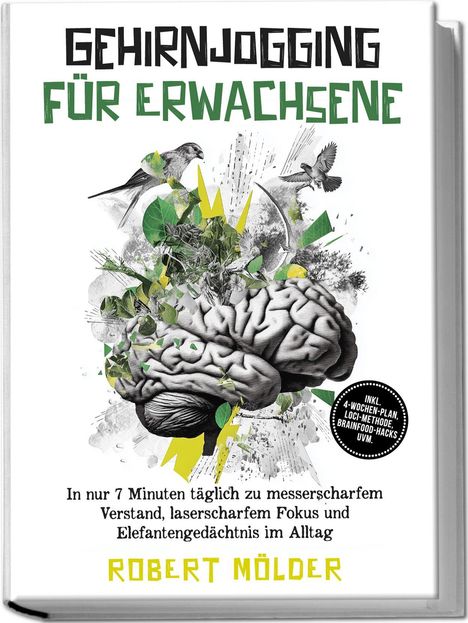 "Gehirnjogging für Erwachsene" von Robert Mölder, zeigt ein Gehirn mit Blättern und fliegenden Vögeln.