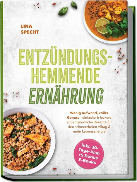 "Entzündungshemmende Ernährung" steht in großer grüner Schrift. Zwei Teller mit Speisen und ein rosafarbener Kreis mit Text.