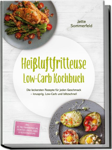 "Hei�luftfritteuse Low-Carb Kochbuch" von Jette Sommerfeld. Fotos von Gerichten mit Gemüse und Fleisch auf grauen Tellern.