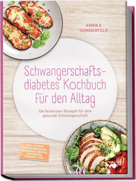 Text: Schwangerschaftsdiabetes Kochbuch für den Alltag. Inkl. 30-Tage-Ernährungsplan. Bild: Gefüllte Zucchini und Salat.
