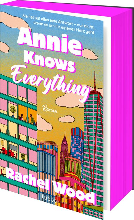 Buchtitel: "Annie Knows Everything". Autorin: Rachel Wood. Bunte Skyline mit Wolkenkratzern, rosa Buchrücken.