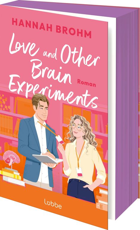 „HANNAH BROHM Love and Other Brain Experiments. Roman.“ Illustration von zwei Personen vor Bücherregalen.