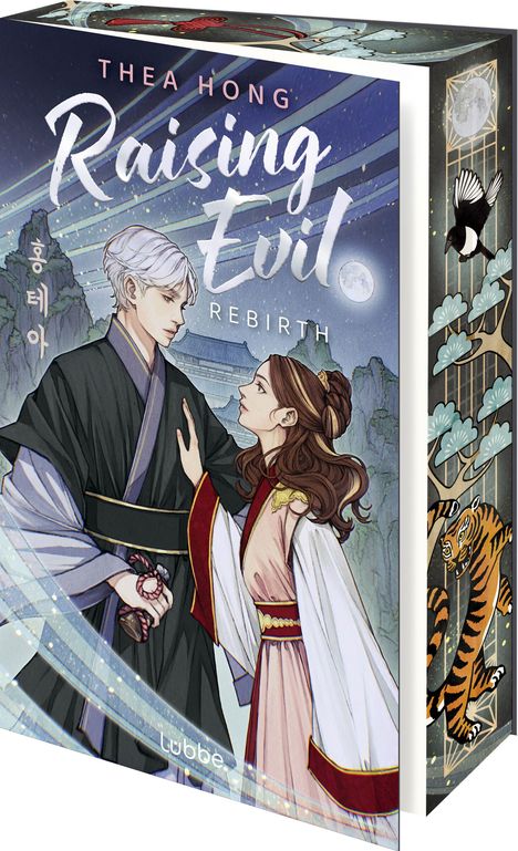 "Raising Evil: Rebirth" von Thea Hong. Illustration eines Paares in traditioneller Kleidung, ein Tiger an der Seite.