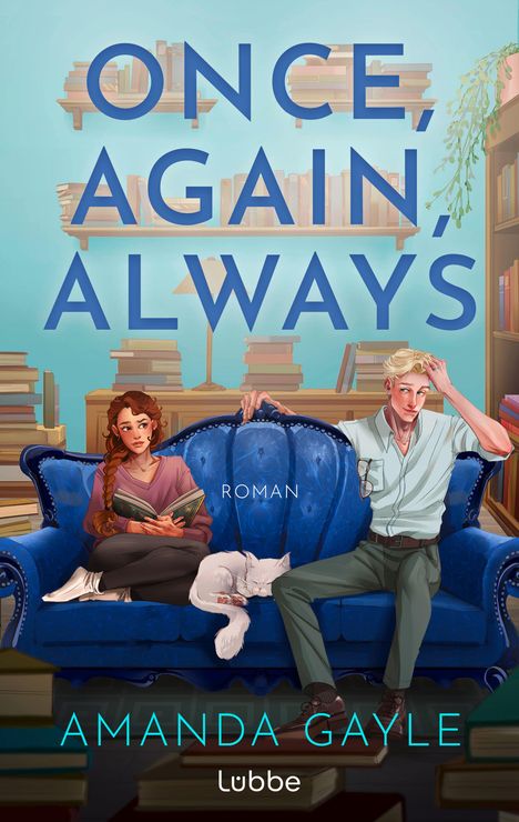 „ONCE, AGAIN, ALWAYS“ ist der große Text. Eine Illustration zeigt zwei Personen auf einem blauen Sofa, eine Frau und ein Mann.