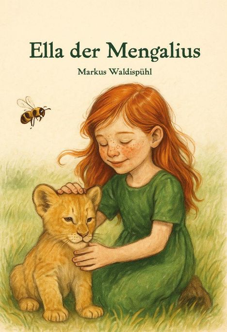 „Ella der Mengalius“ von Markus Waldispühl. Illustration: Ein lachendes Mädchen mit einem Löwenjunges auf einer Wiese.