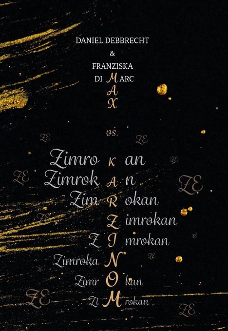 Die Namen "DANIEL DEBBRECHT" und "FRANZISKA DI MARC" stehen oben. Unten dekorative Schrift mit Muster aus Goldsprenkeln.
