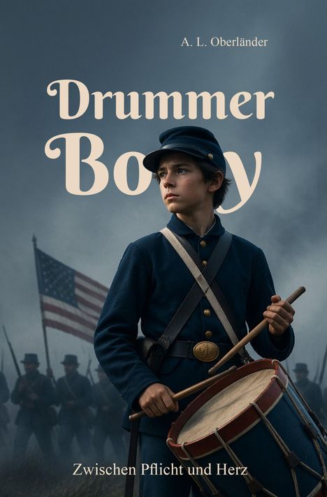 Oben: "A. L. Oberländer". Mitte: "Drummer Boy". Unten: "Zwischen Pflicht und Herz". Junge spielt Trommel, US-Flagge im Hintergrund.