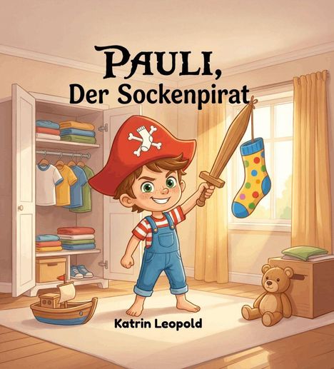 „Pauli, Der Sockenpirat“, von Katrin Leopold. Ein fröhlicher Junge in Piratenkleidung hält eine Socke hoch.