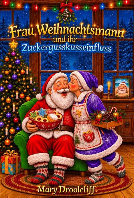 „Frau Weihnachtsmann und ihr Zuckergusskusseinfluss.“ Ein gemütliches Paar; sie küssen, umgeben von Weihnachtsdekoration.