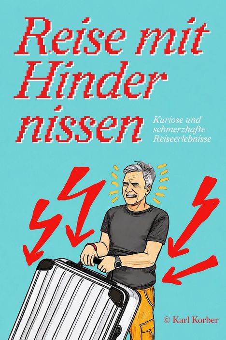 „Reise mit Hindernissen – Kuriose und schmerzhafte Reiseerlebnisse“. Illustration: Mann mit Koffer, rote Blitze.