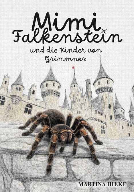 "Mimi Falkenstein und die Kinder von Grimmnox" vor einer Zeichnung mit Schloss und Vogelspinne. Autor: Martina Hieke.
