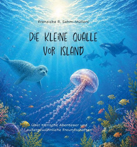 „Die kleine Qualle vor Island“ über tierische Abenteuer. Illustration: Unterwasserwelt mit Qualle, Seehund, Fischen.