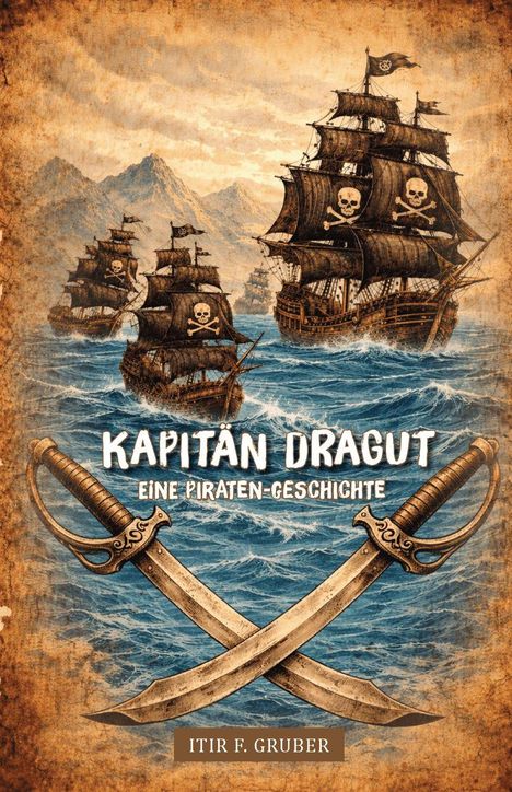 „Kapitän Dragut: Eine Piraten-Geschichte“ steht über zwei gekreuzten Säbeln. Im Hintergrund Segelschiffe mit Totenkopfflaggen.