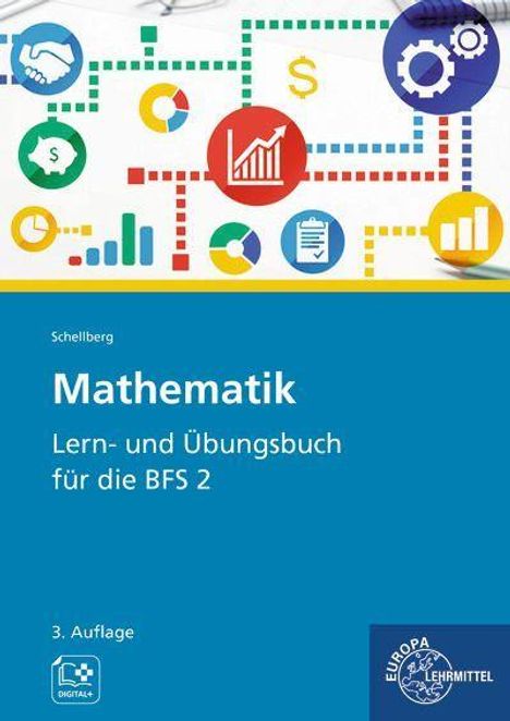 „Mathematik Lern- und Übungsbuch für die BFS 2“. Symbole und Diagramme. Auffälliger blauer Hintergrund.